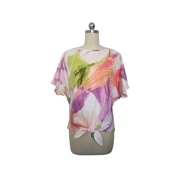 Chico's Floral Dolman Sleeves Tie-Front Top, Sz 2 (12/14-L) - Picture 1 of 5